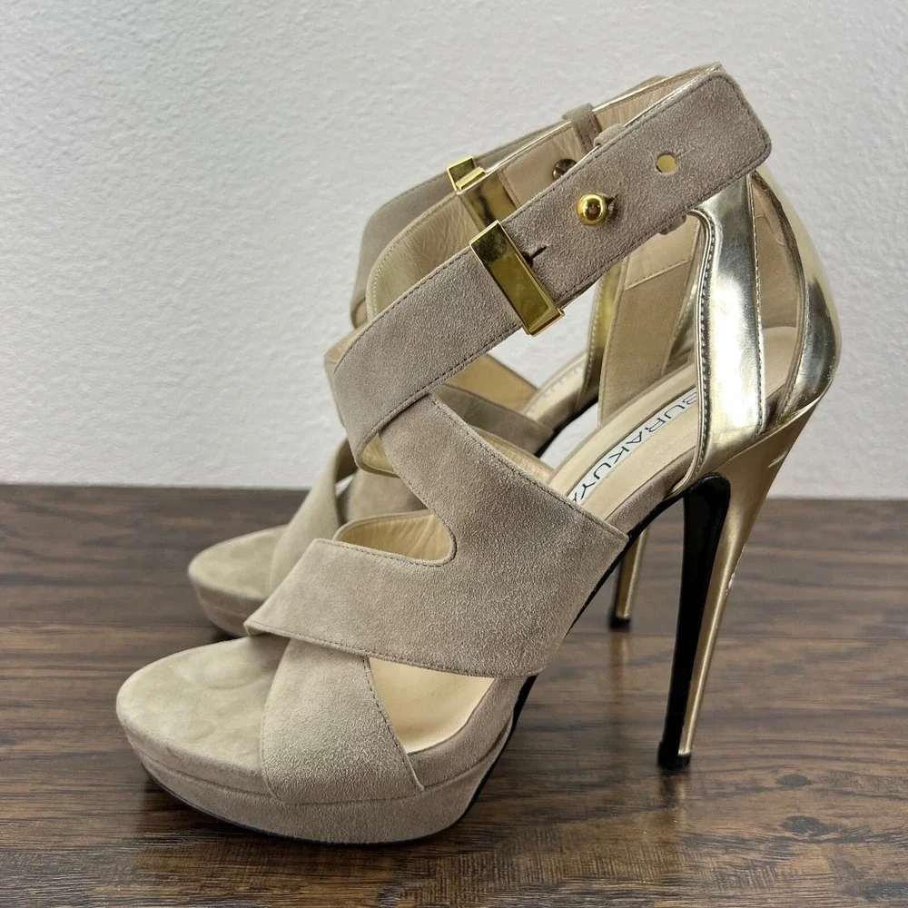 Burak Uyan Burakuyan Womens 37 US 7 Beige Gold Suede Leather Platform Heels